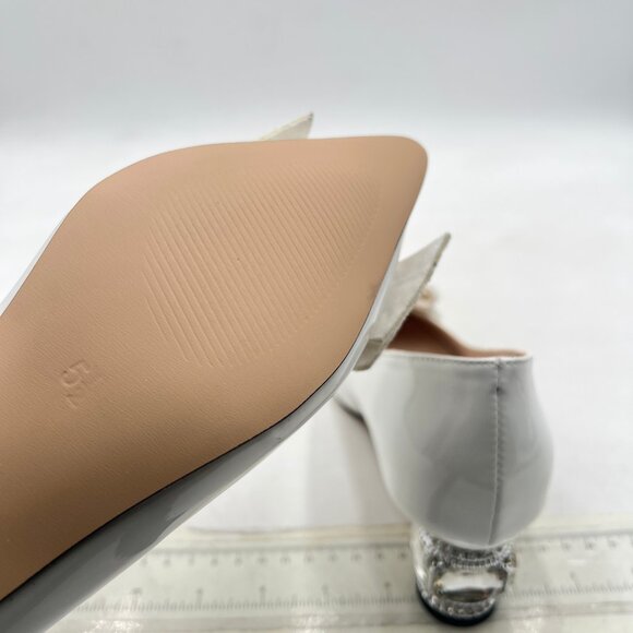 FSJ White Pointed Toe Crystal Pump Rhinestone Bow Block Low Heel Slip On Shoes - Picture 6 of 8